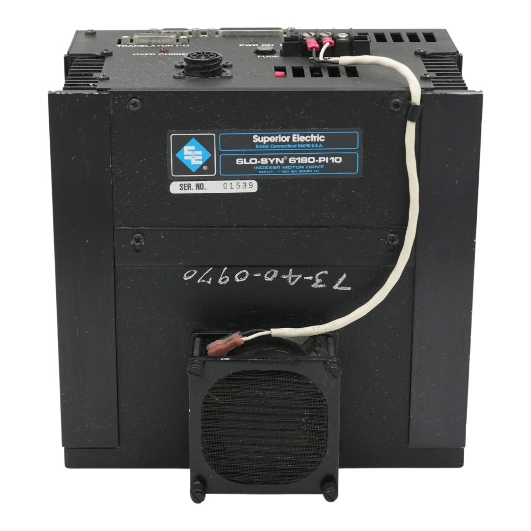 A black Superior Electric SLD-SYN 5180-R10 stepper motor control with a built-in cooling fan attached to the front, photographed on a transparent background.