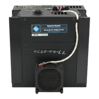A black Superior Electric SLD-SYN 5180-R10 stepper motor control with a built-in cooling fan attached to the front, photographed on a transparent background.