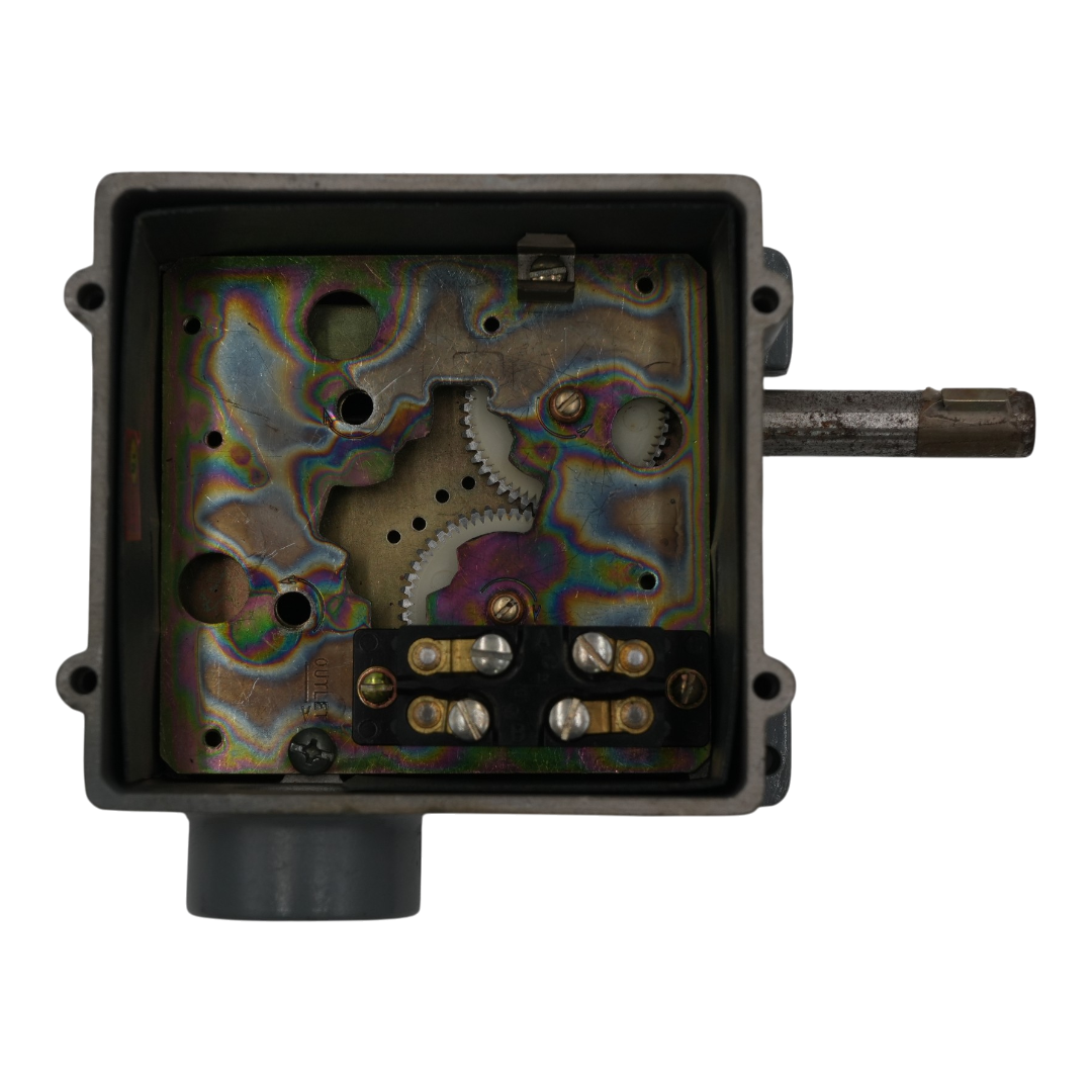 Inside view of heavy duty limit switch showing contacts and rotary gearing.