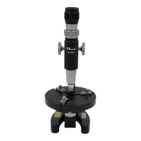 A black and silver Pearl microscope with a central column, adjustment knobs, and a circular base, shown against a transparent background.