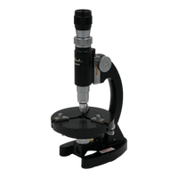 A black and silver microscope with a circular slide stage and adjustment knobs, shown on a plain white background.