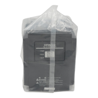 A Hitachi NE-S1 inverter unit in its original clear plastic protective packaging, with a clear strap securing it. The black device features the HITACHI logo and terminal labels for PWR, RUN, STOP, and RESET.