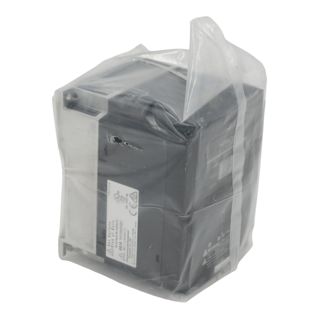 A black industrial Hitachi NE-S1 VFD, wrapped in a clear plastic protective sleeve, shown against a transparent background.