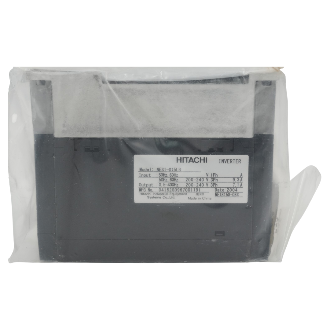 A Hitachi inverter unit in a clear plastic protective sleeve, showing a black front panel with a white specification label.