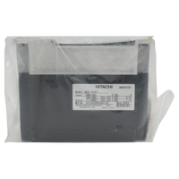 A Hitachi inverter unit in a clear plastic protective sleeve, showing a black front panel with a white specification label.
