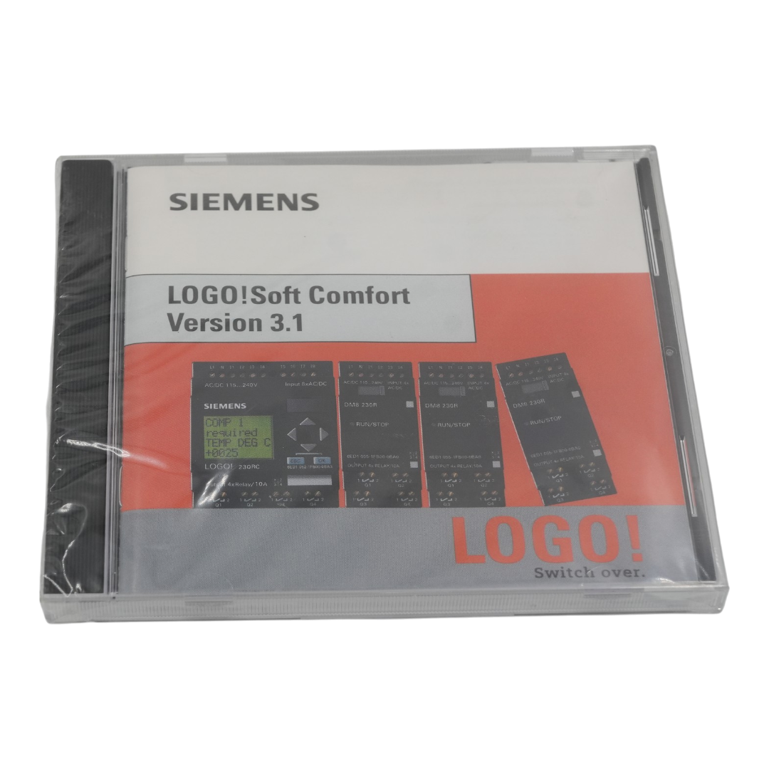 Siemens LOGO!Soft Comfort Version 3.1 software manual in a clear plastic clamshell case, featuring a white, gray, and orange cover with illustrations of touch panel controllers.