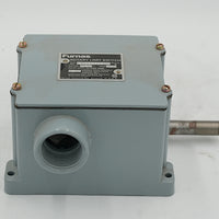 A gray Fumas rotary limit switch electrical box with a threaded connection on the front and a metal rod extending from the side, photographed on a white background.