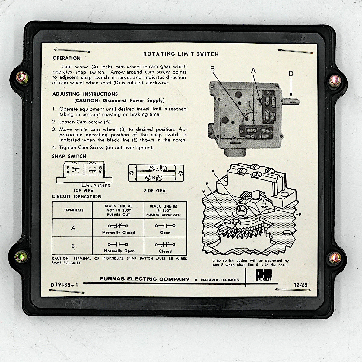 A vintage Furnas Electric Company rotating limit switch instruction and adjustment plate, showing labeled diagrams, operation steps, and circuit diagrams on a cream background with a black border.