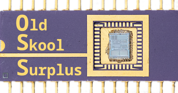 Vintage Mostek purple ceramic and gold plated integrated circuit with 'Old Skool Surplus' branding.
